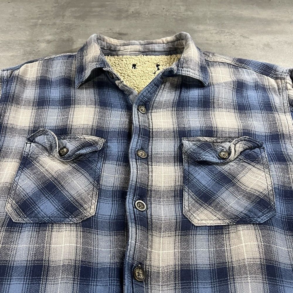 Vintage Shacket Jacket Men L Blue Plaid Sherpa Lined Button Up Work Shirt Farm
